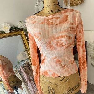 Peach Rose Y2K Print Long Sleeve Blouse